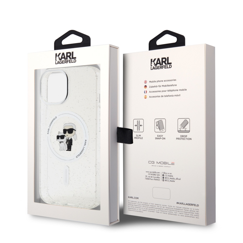 Karl Lagerfeld IML Glitter Karl and Choupette MagSafe Zadní Kryt pro iPhone 15 - průhledný