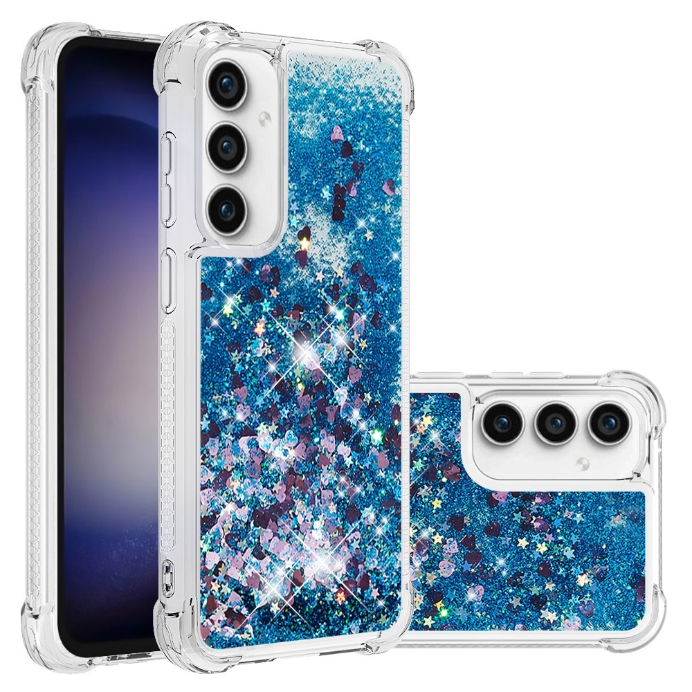 Glitter gelový přesýpací obal na Samsung Galaxy S23 FE - modrý/srdíčka