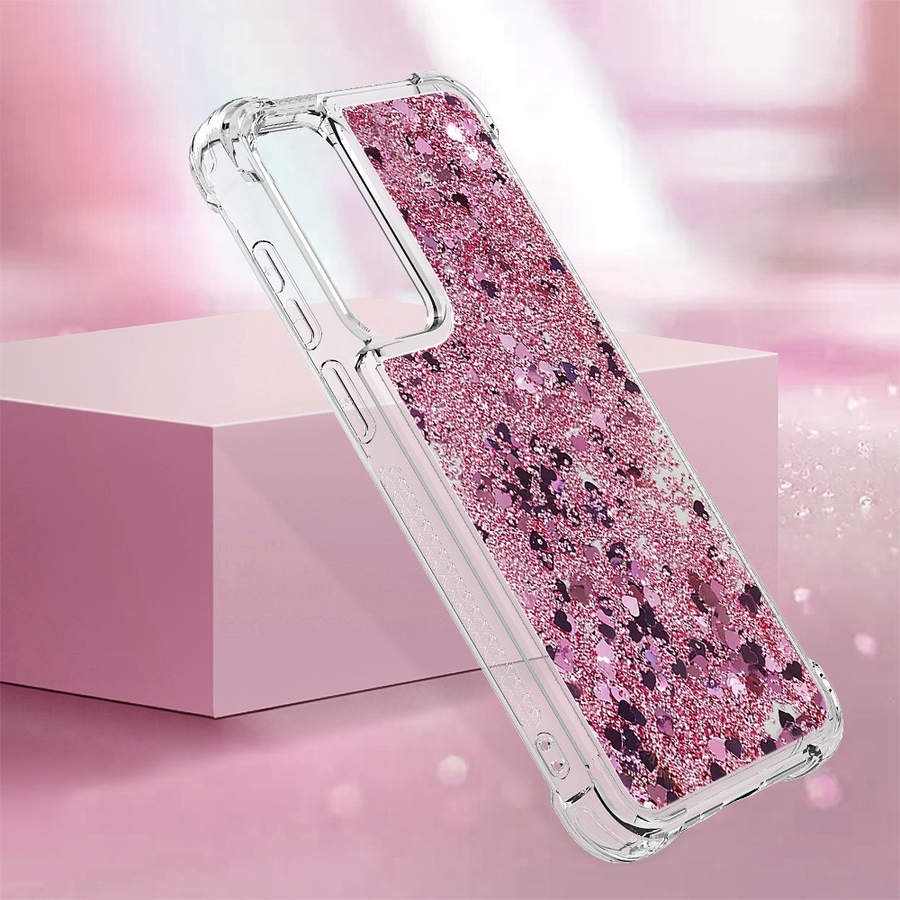 Glitter gelový přesýpací obal na Samsung Galaxy A35 5G - růžovozlatý/srdíčka