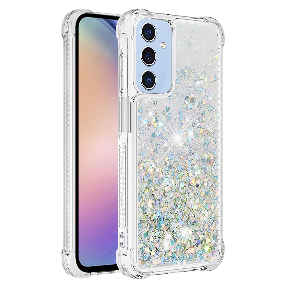 Glitter přesýpací gelový obal na Samsung Galaxy A26 5G - stříbrný/srdíčka