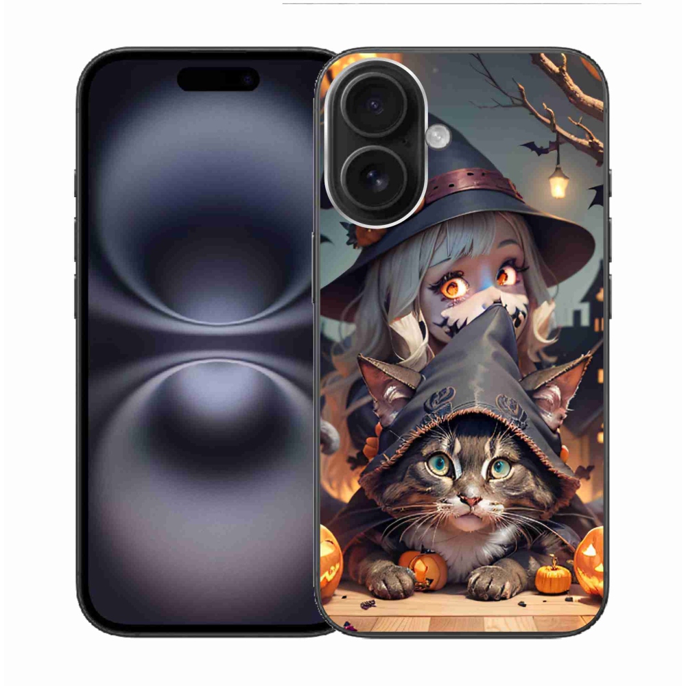 Gelový kryt mmCase na iPhone 16 - čarodějnice s kočkou