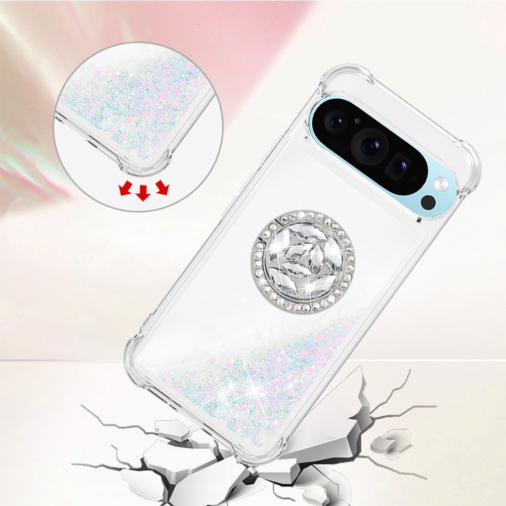 Glitt přesýpací gelový obal s kroužkem na prst na Google Pixel 10 - růžovostříbrný/srdíčka