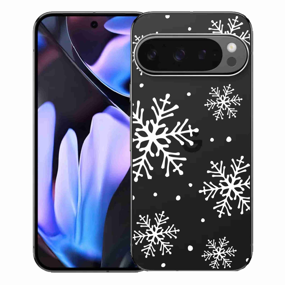 Gelový kryt mmCase na Google Pixel 9 Pro XL - bílé vločky na průhledném pozadí