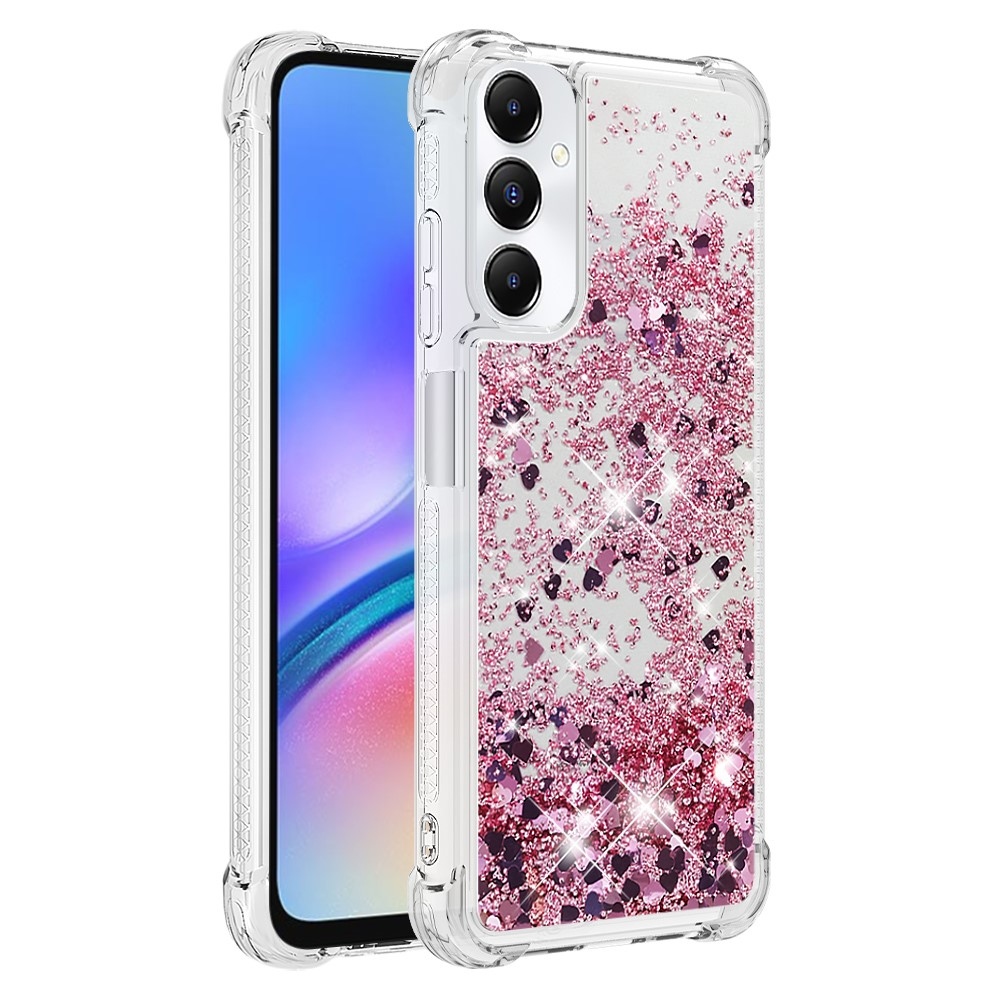 Glitter gelový přesýpací obal na Samsung Galaxy A05s - růžovozlatý/srdíčka
