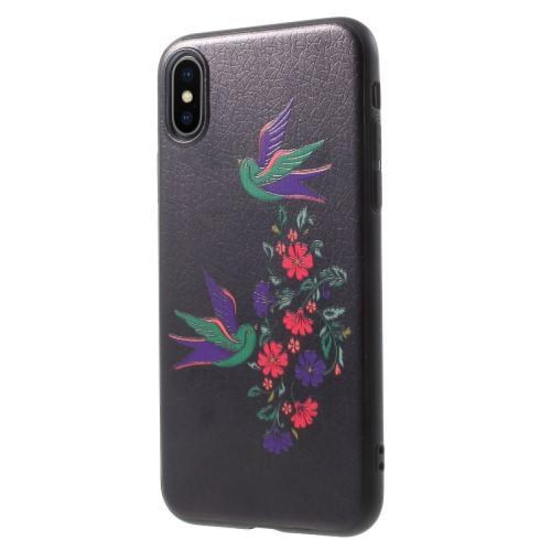 Ider gelový obal potažený PU kůží na iPhone X - fialové kvítky