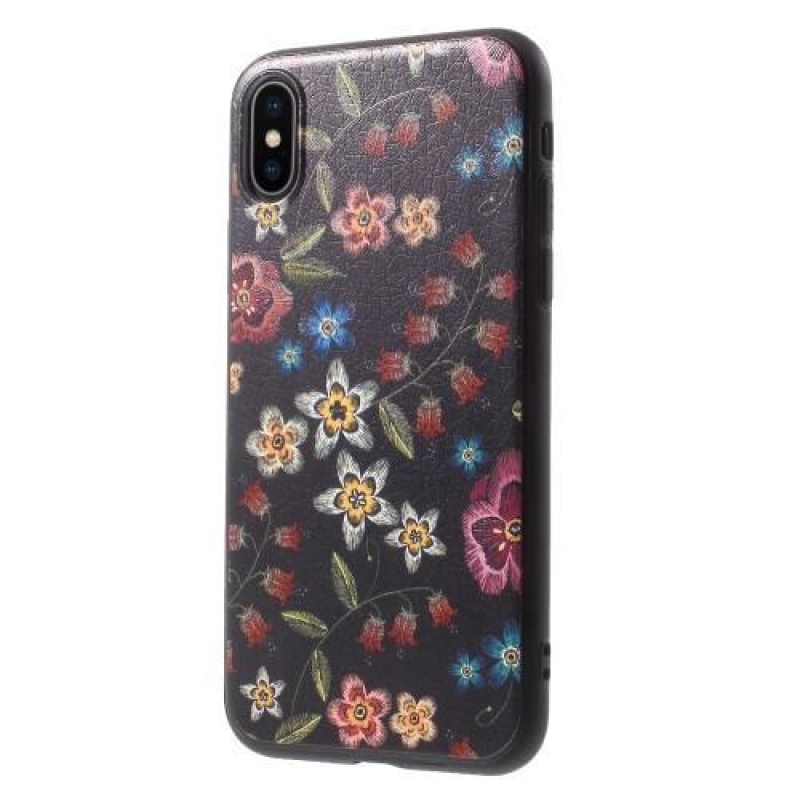 Ider gelový obal potažený PU kůží na iPhone X - květinová koláž