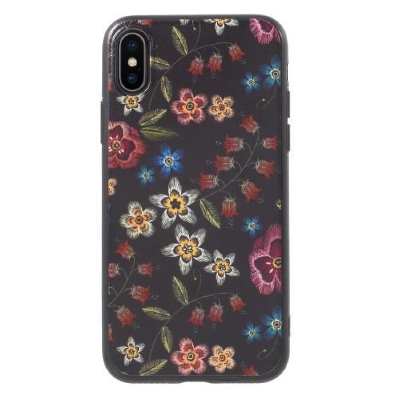 Ider gelový obal potažený PU kůží na iPhone X - květinová koláž