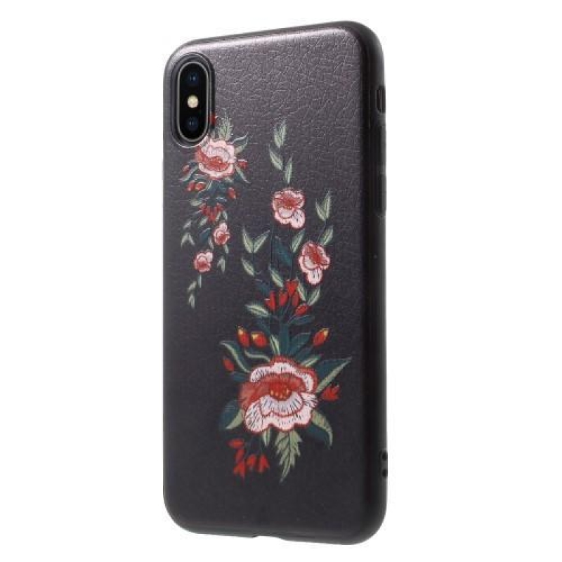 Ider gelový obal potažený PU kůží na iPhone X - kvetoucí motiv