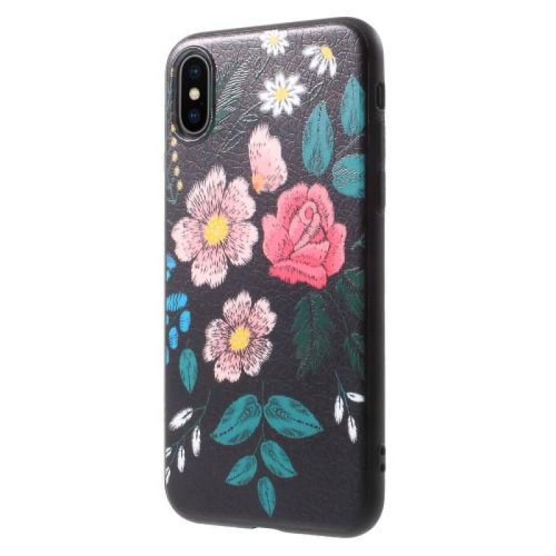 Ider gelový obal potažený PU kůží na iPhone X - kytice