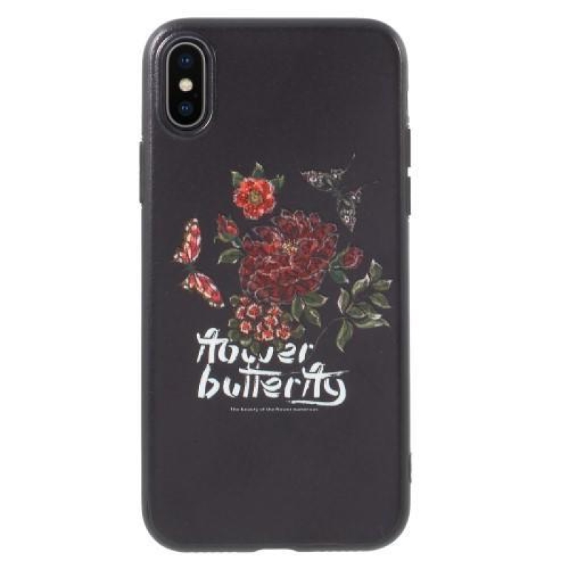 Ider gelový obal potažený PU kůží na iPhone X - motýl a květy