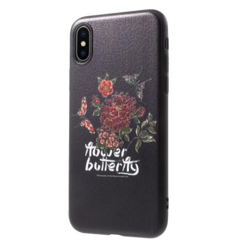Ider gelový obal potažený PU kůží na iPhone X - motýl a květy