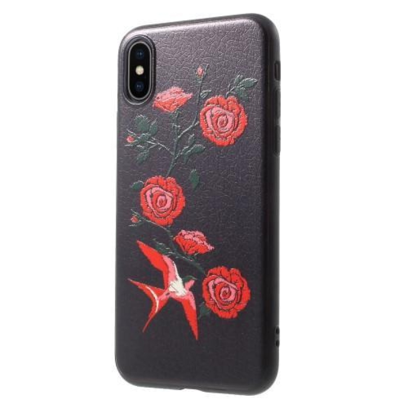 Ider gelový obal potažený PU kůží na iPhone X - růže a pták