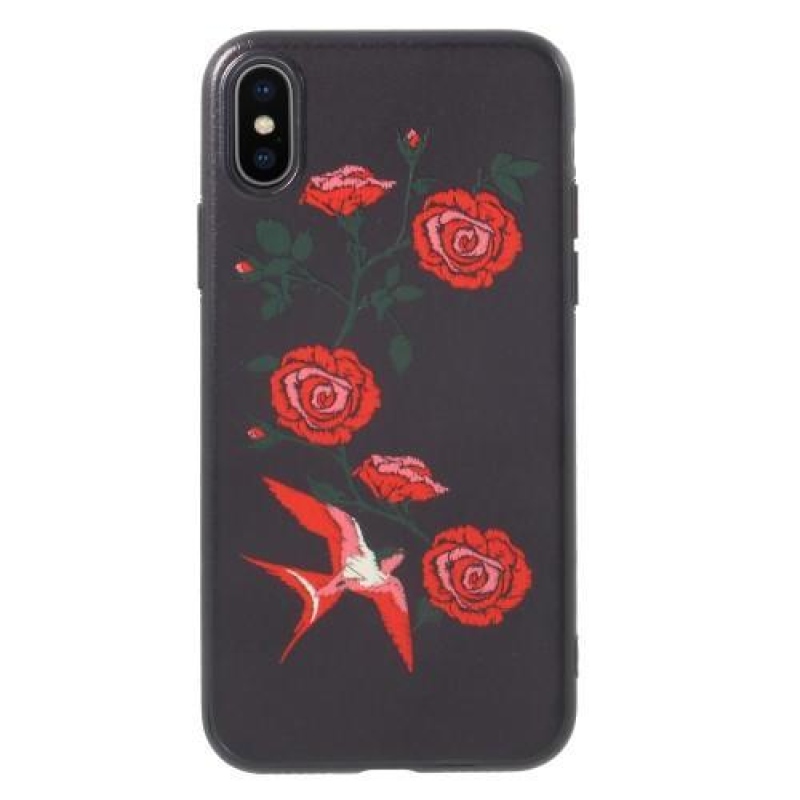 Ider gelový obal potažený PU kůží na iPhone X - růže a pták