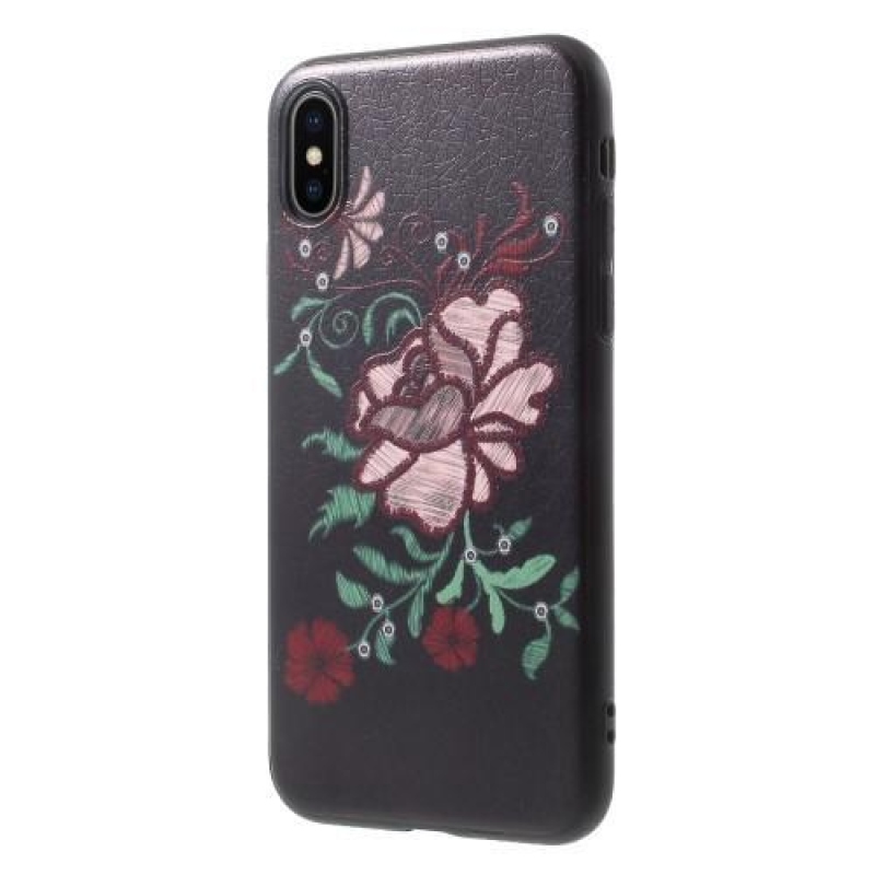 Ider gelový obal potažený PU kůží na iPhone X - růžová kytice