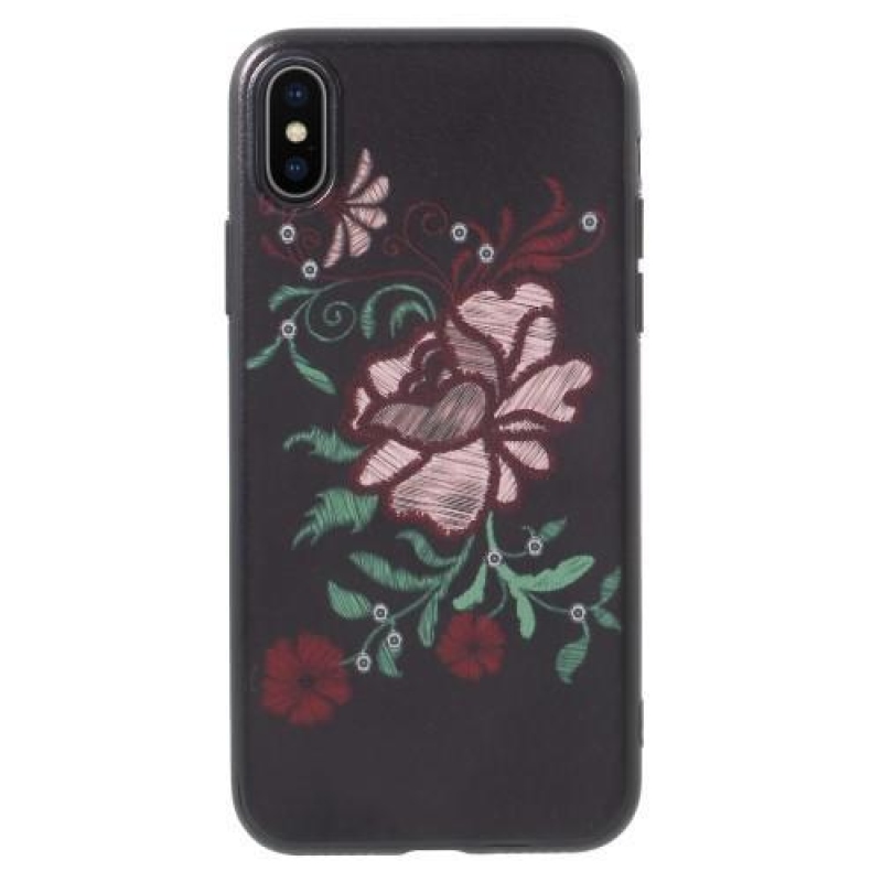 Ider gelový obal potažený PU kůží na iPhone X - růžová kytice