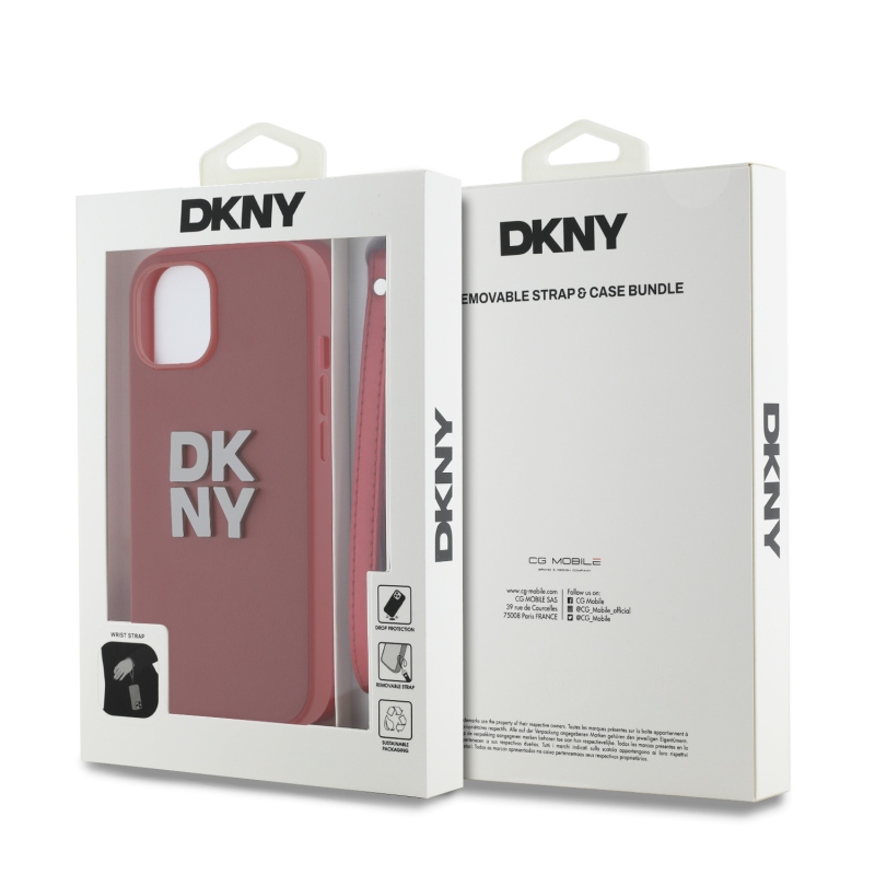 DKNY PU Leather Stack Logo Wrist Strap Zadní Kryt pro iPhone 13 Red