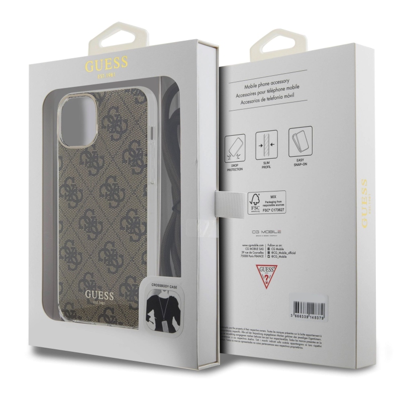 Guess IML 4G Printed Crossbody Popruh Zadní Kryt pro iPhone 15 Brown