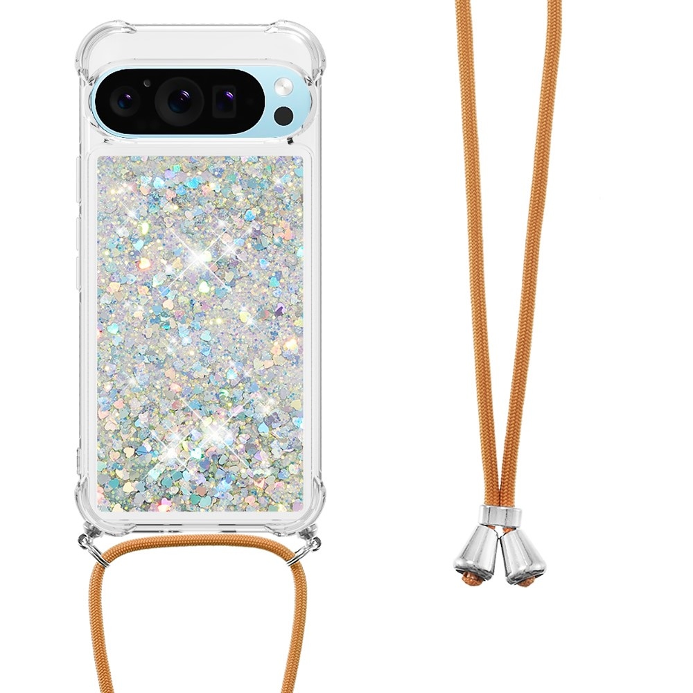 Glitters přesýpací gelový obal se šňůrkou na Google Pixel 10 Pro/Pixel 10 - stříbrný/srdíčka