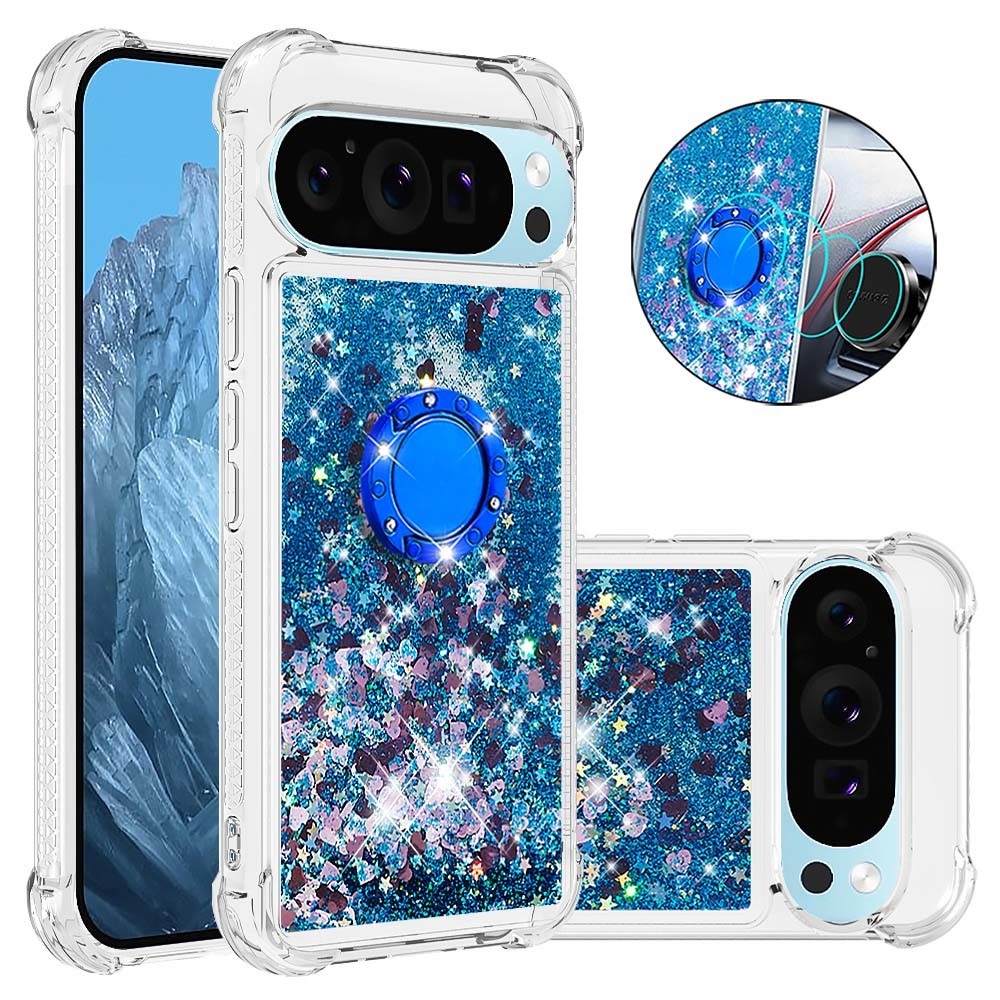 Glitt přesýpací gelový obal s kroužkem na prst na Google Pixel 10 - modrý/srdíčka