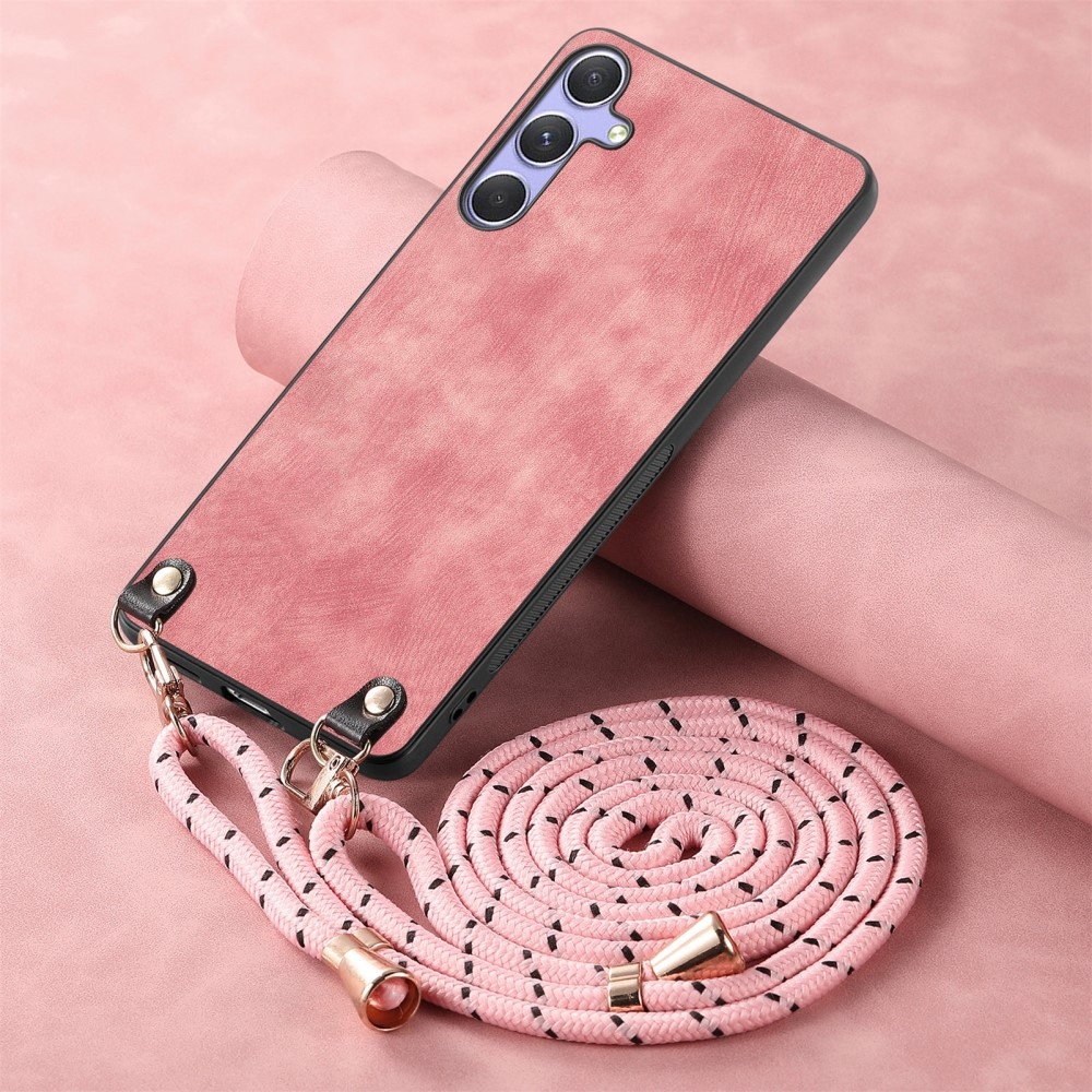 Retro gelový obal se šňůrkou a s umělou kůží na Samsung Galaxy A26 5G - růžový