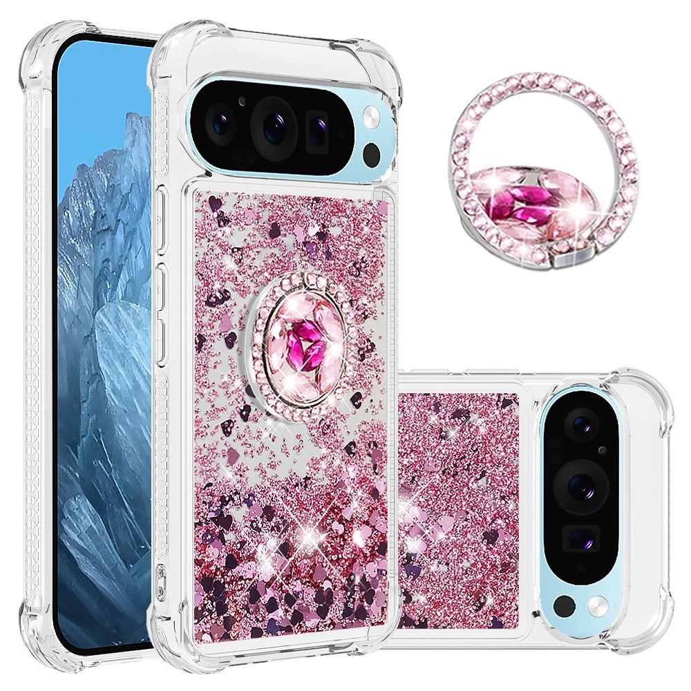 Glitt přesýpací gelový obal s kroužkem na prst na Google Pixel 10 - růžovozlatý/srdíčka