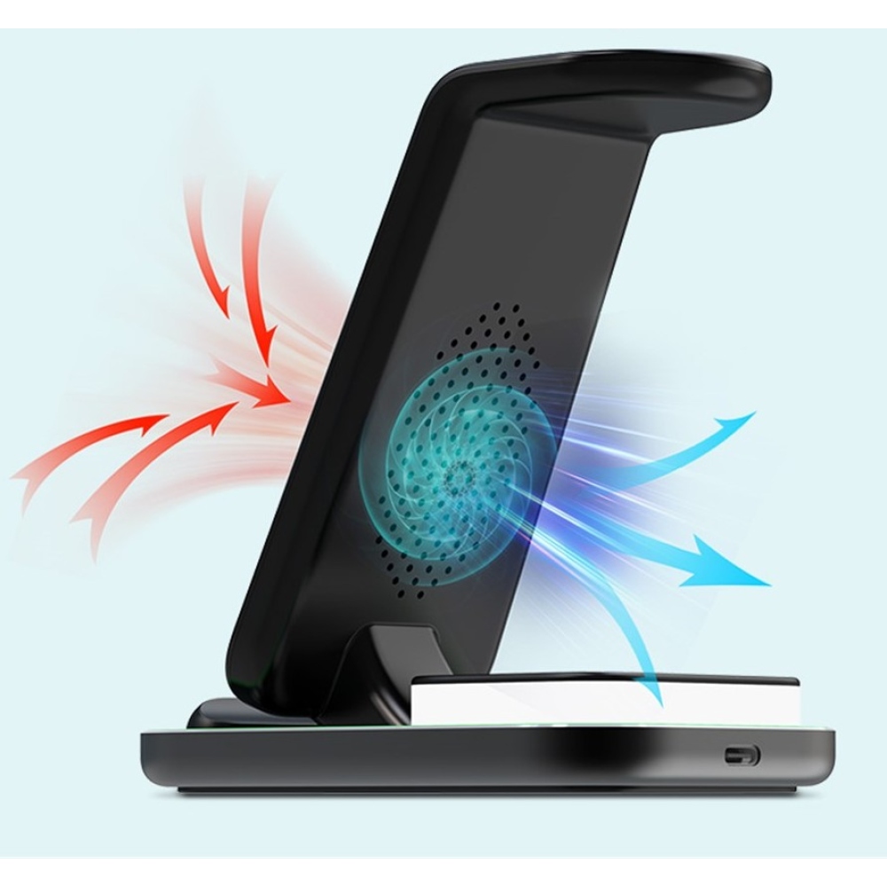 YF-A6 bezdrátová nabíjecí stanice 3v1 15W s nočním světlem - černá