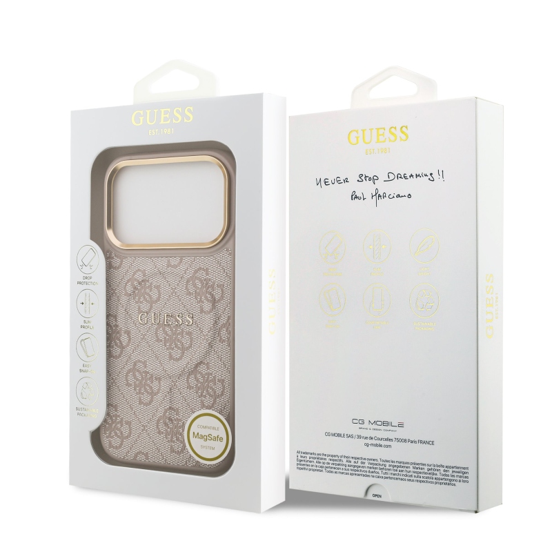 Guess PU Leather 4G Gold Frame MagSafe Zadní Kryt pro iPhone 17 Pro Pink