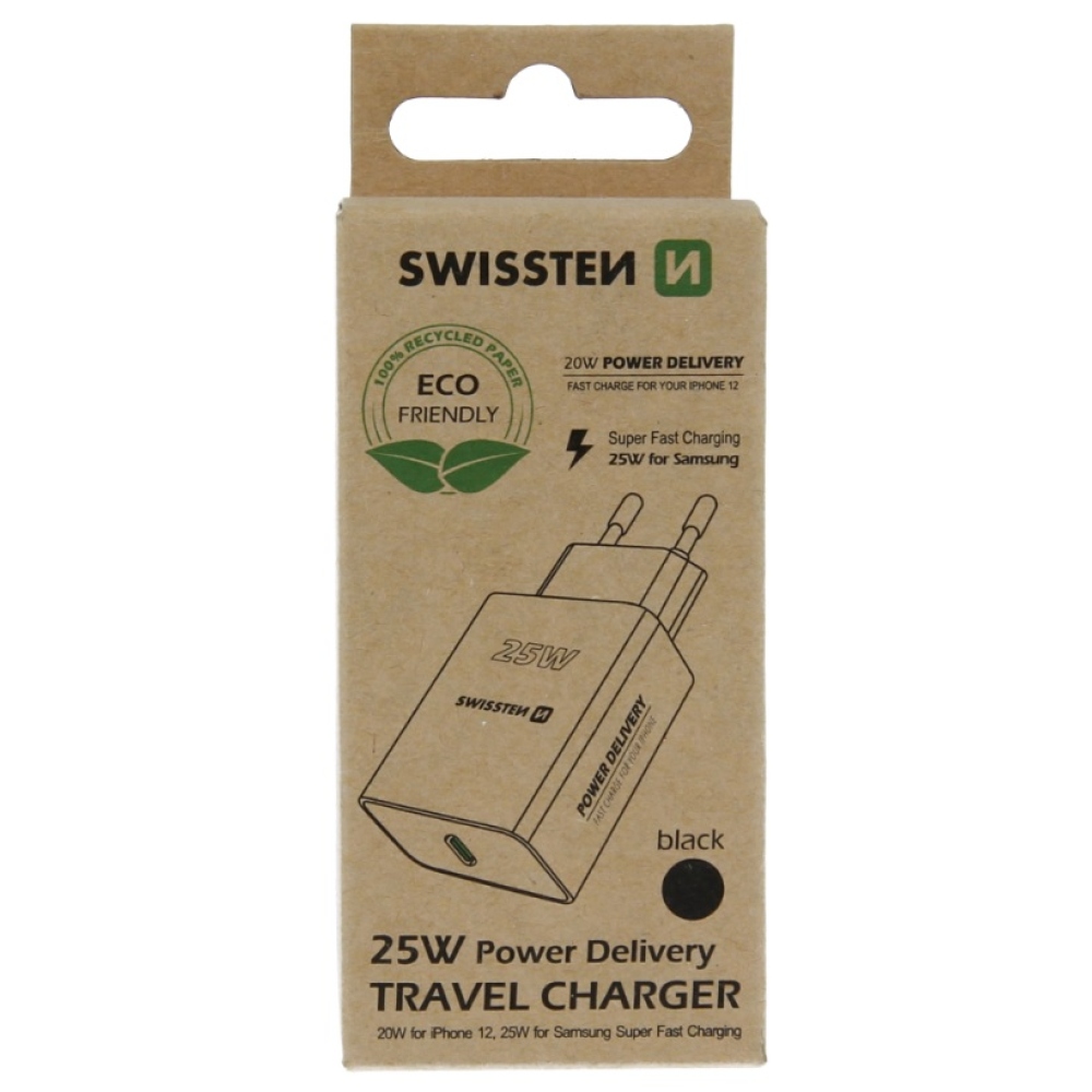 Swissten síťový adaptér PD 25W pro iPhone a Samsung (EKO balení) - černý