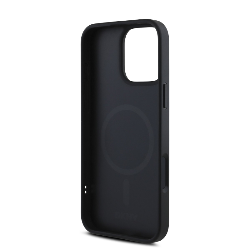 DKNY PU Leather Silver Metal Logo Magsafe Zadní Kryt pro iPhone 16 Pro Max Black