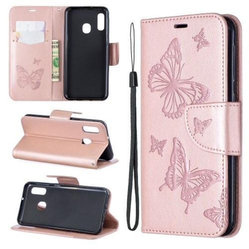 Imprint PU kožené peněženkové pouzdro na mobil Samsung Galaxy A20e - růžovozlaté