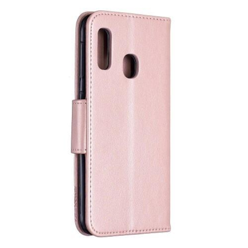 Imprint PU kožené peněženkové pouzdro na mobil Samsung Galaxy A20e - růžovozlaté