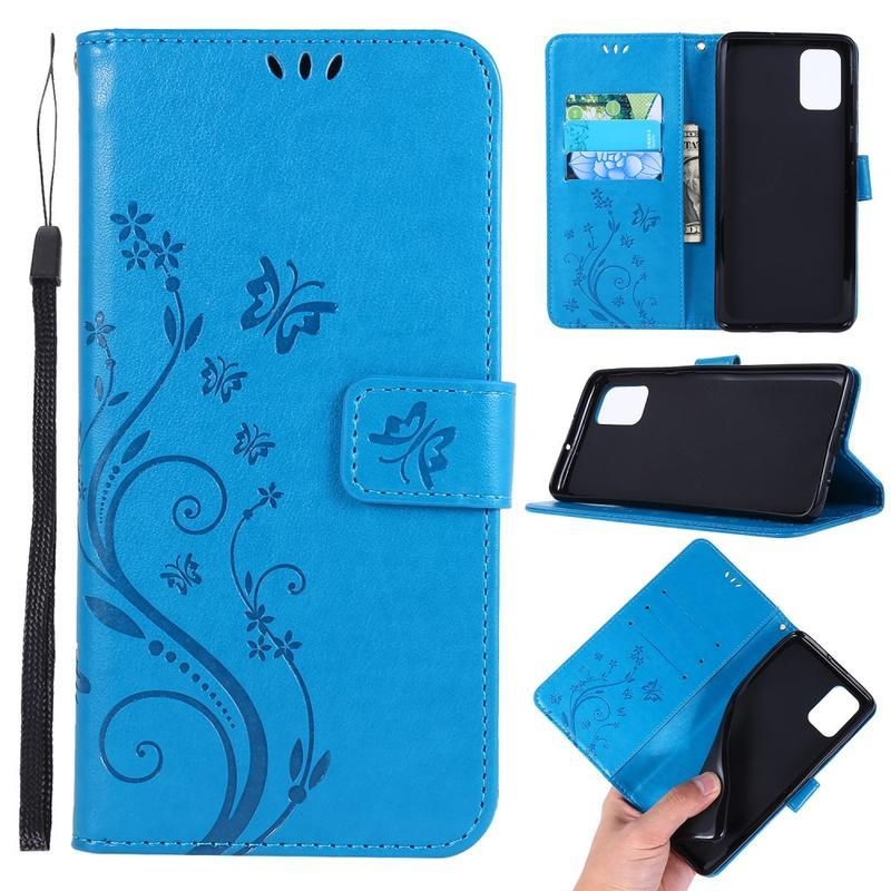 Imprint PU kožené peněženkové pouzdro na mobil Samsung Galaxy A71 - modré