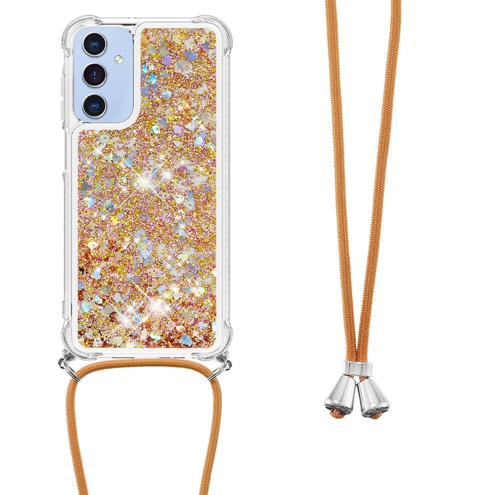 Glitters přesýpací gelový obal se šňůrkou na Samsung Galaxy A26 5G - zlatý/srdíčka