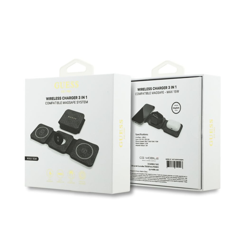 Guess PU 4G MagSafe Bezdrátová Nabíječka 3v1 Black