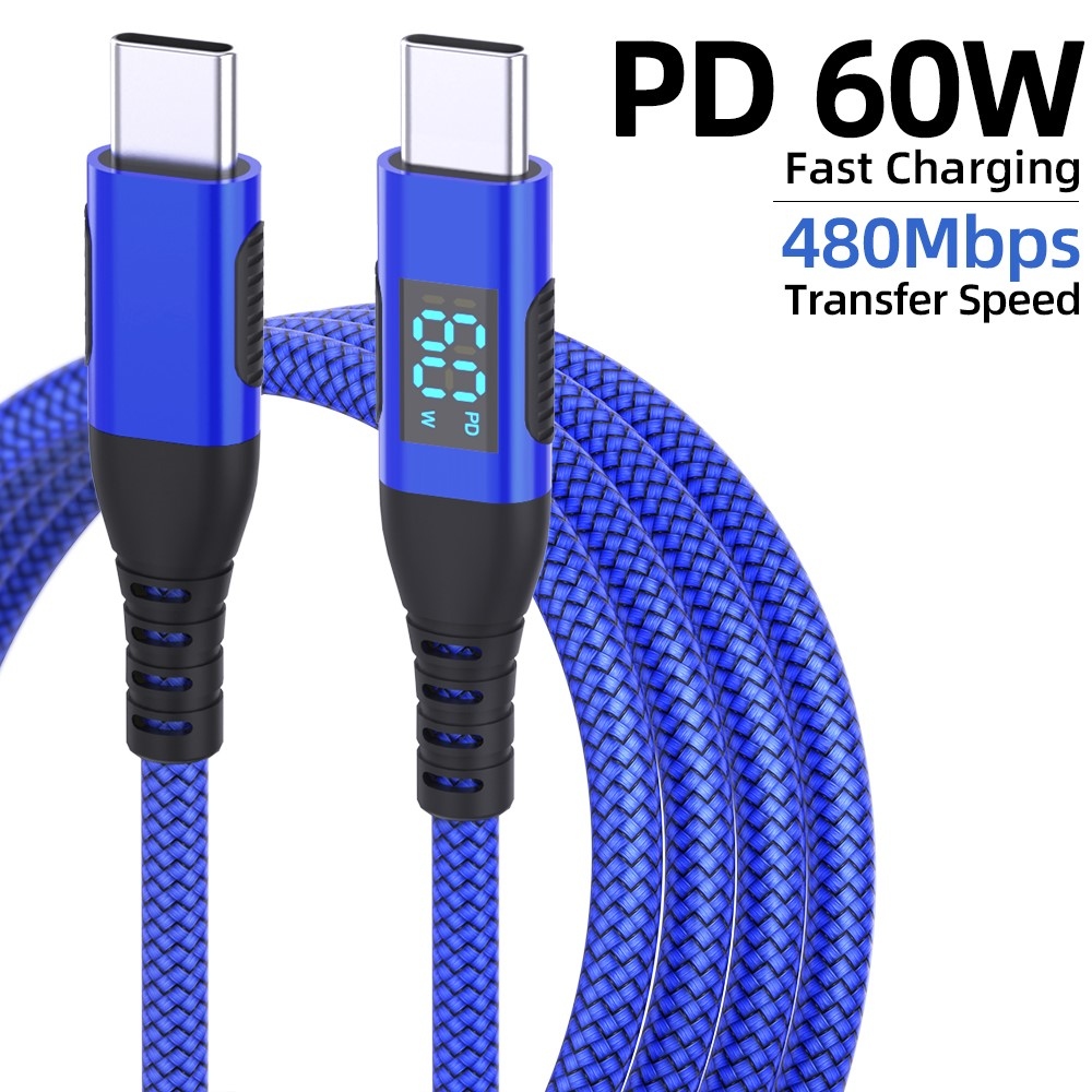Nylonový kabel USB-C / USB-C s displejem 3m 60W - modrý