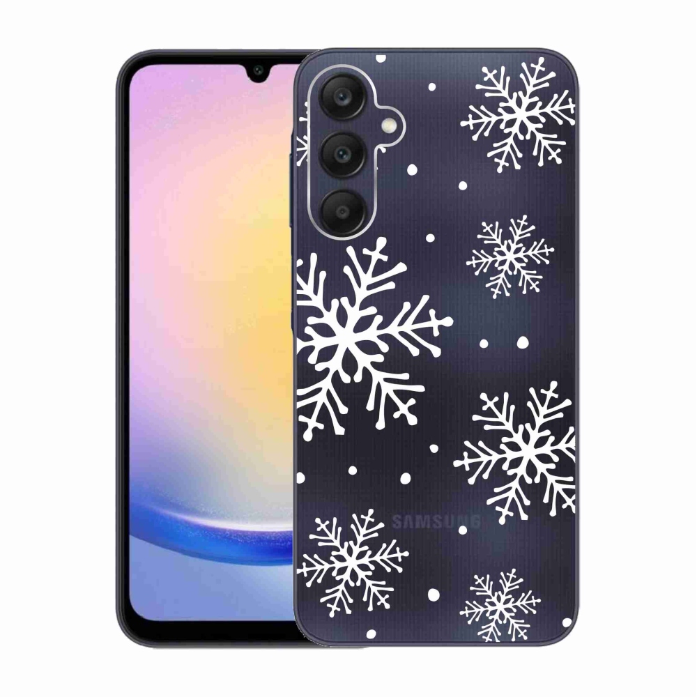 Gelový kryt mmCase na Samsung Galaxy A25 5G - bílé vločky na průhledném pozadí