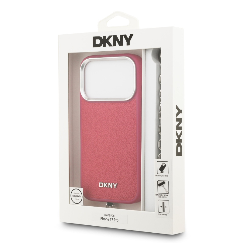 DKNY PU Leather Metal Logo Wrist Chain MagSafe Zadní Kryt pro iPhone 17 Pro Pink
