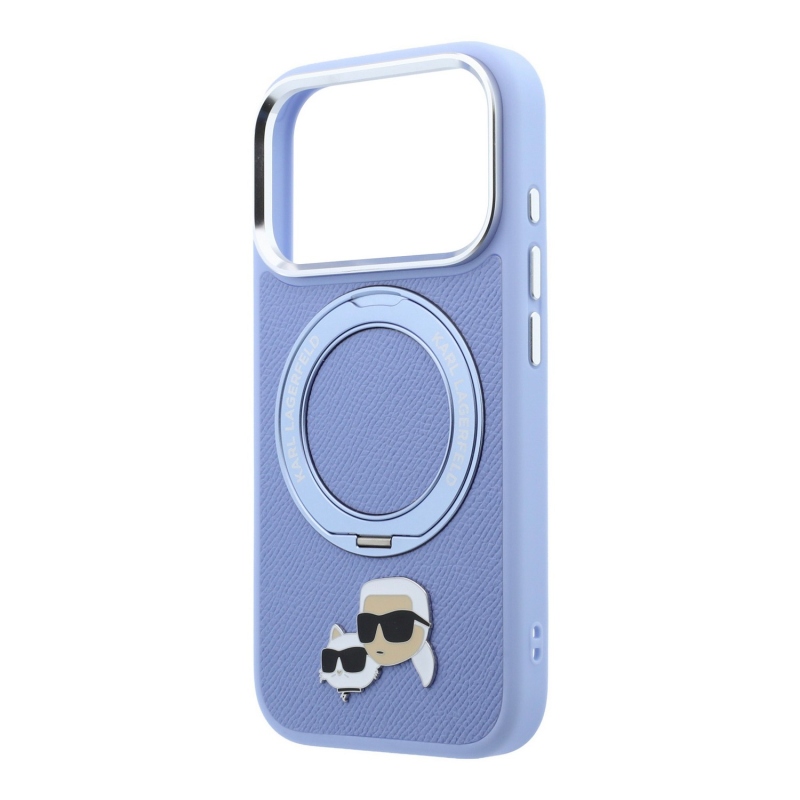 Karl Lagerfeld PU Grained K&CH Heads Ring Stand Magsafe Zadní Kryt pro iPhone 18 Pro Blue