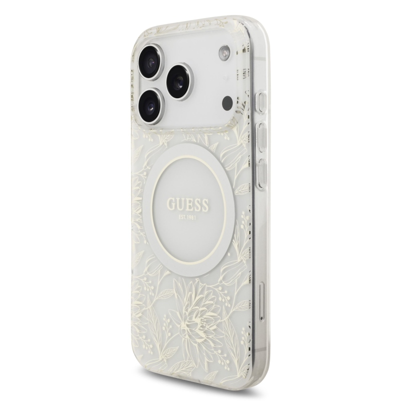 Guess IML Flowers Allover Strap MagSafe Zadní Kryt pro iPhone 17 Pro White