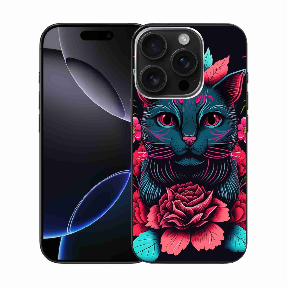 Gelový kryt mmCase na iPhone 16 Pro - květiny a kočka