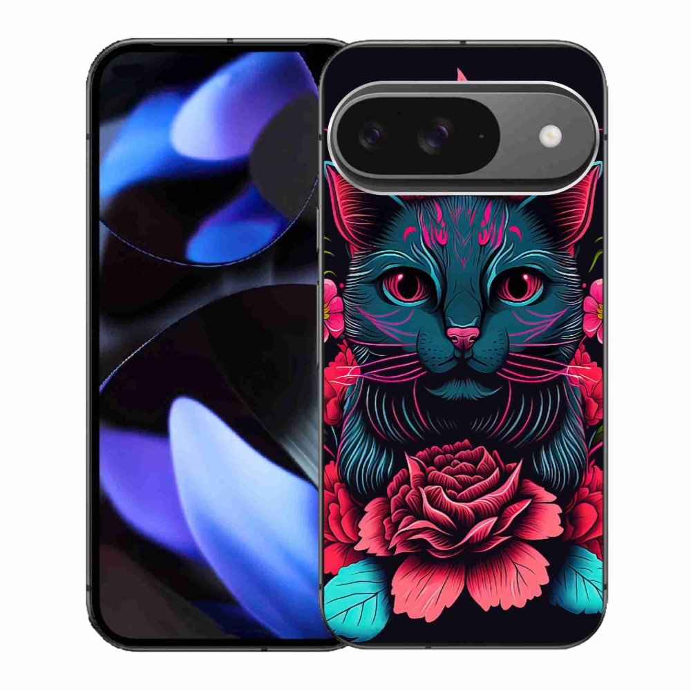 Gelový kryt mmCase na Google Pixel 9/9 Pro - květiny a kočka