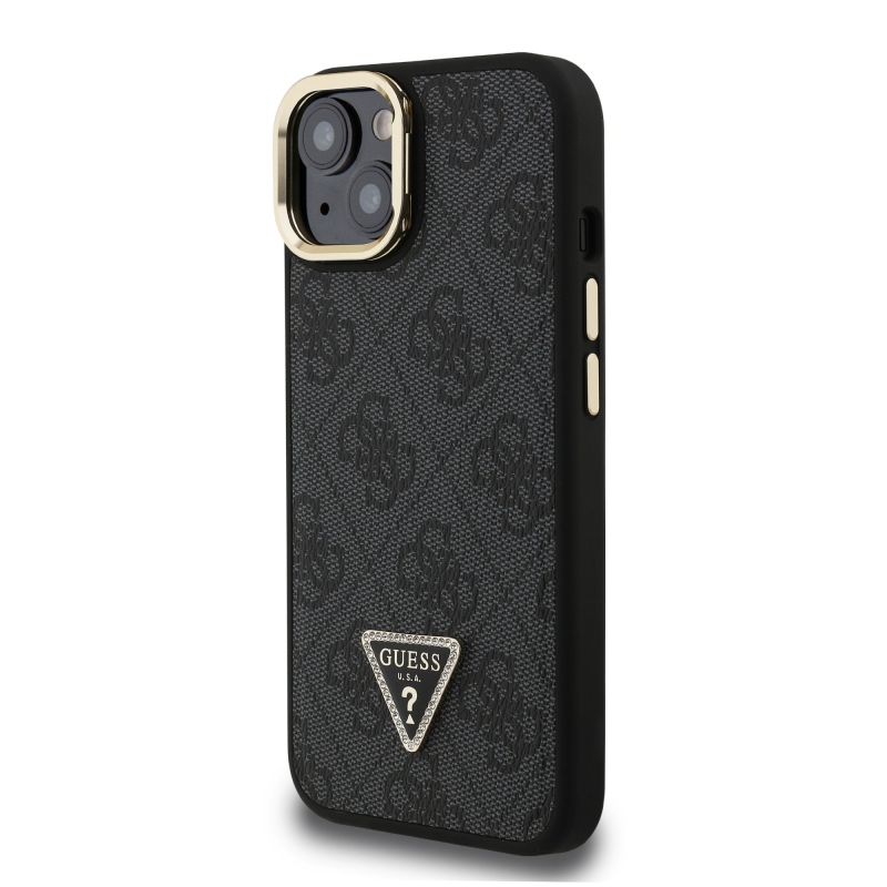 Guess PU 4G Strass Triangle Logo Stand Camera Frame MagSafe Zadní Kryt pro iPhone 15 Black