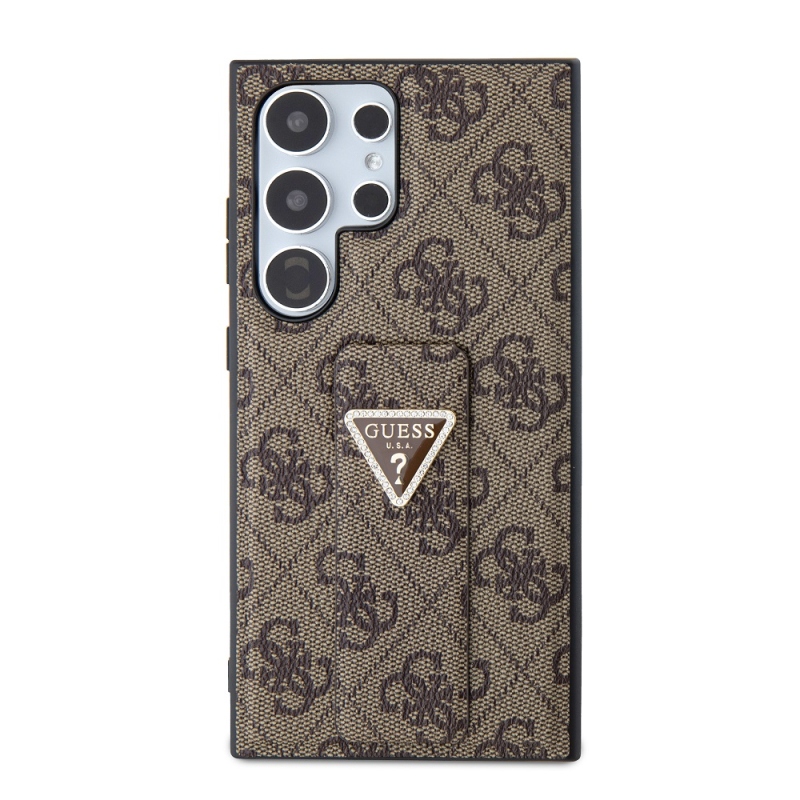 Guess PU Grip Stand 4G Strass Triangle Metal Logo Zadní Kryt pro Samsung Galaxy S24 Ultra  Brown
