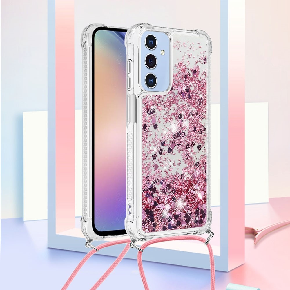 Glitters přesýpací gelový obal se šňůrkou na Samsung Galaxy A26 5G - růžovozlatý/srdíčka