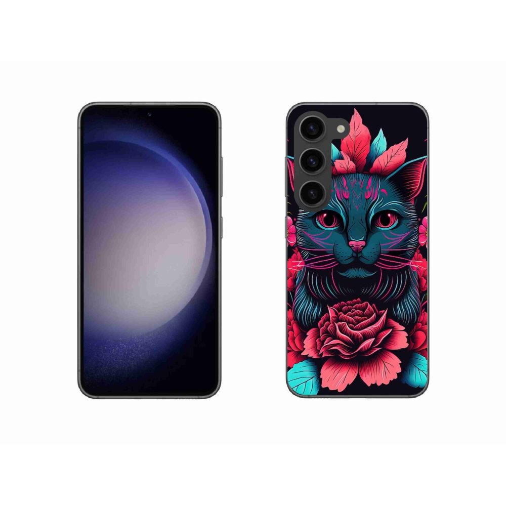 Gelový kryt mmCase na Samsung Galaxy S23 5G - květiny a kočka
