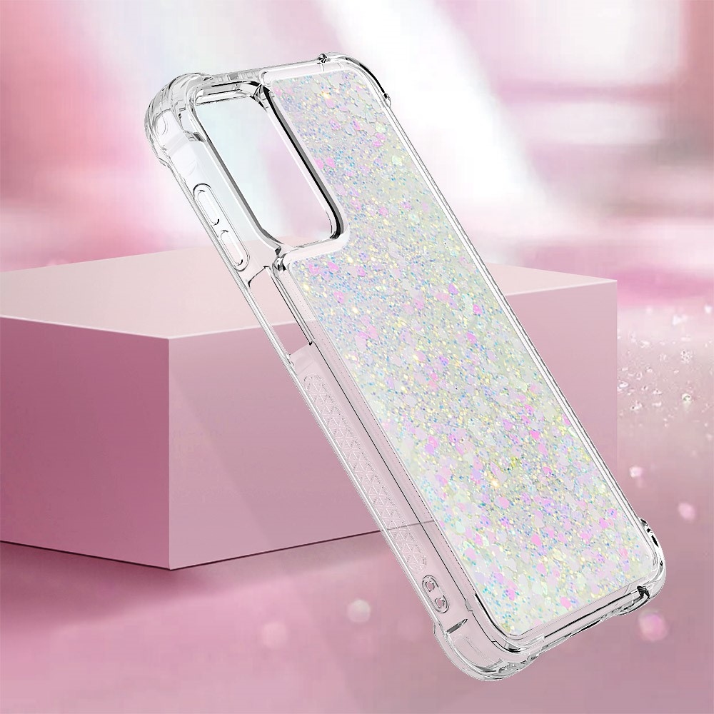 Glitter přesýpací gelový obal na Samsung Galaxy A26 5G - růžovostříbrný/srdíčka