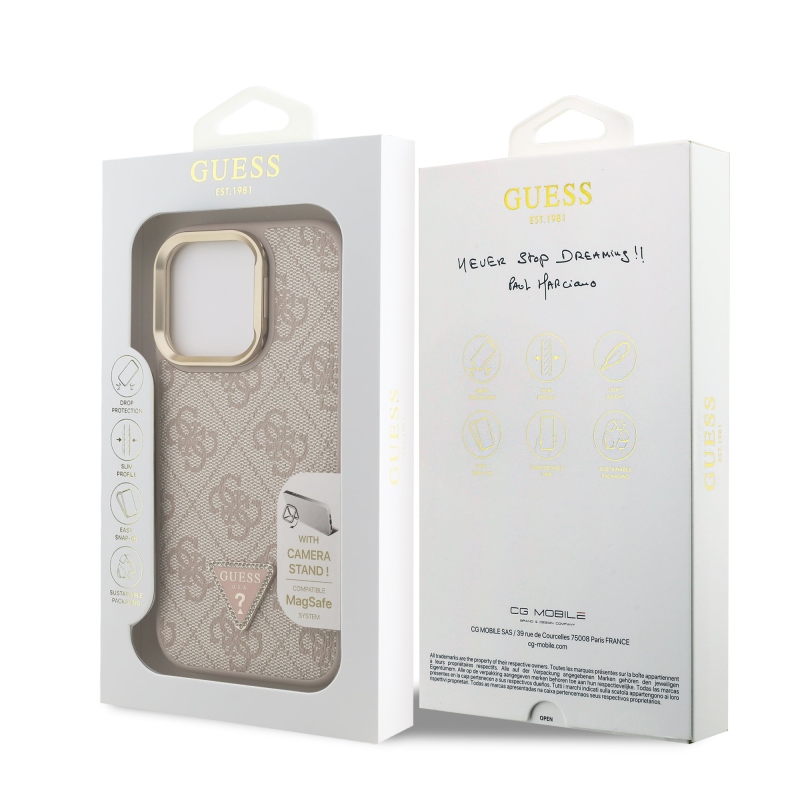 Guess PU 4G Strass Triangle Logo Stand Camera Frame MagSafe Zadní Kryt pro iPhone 16 Pro Pink