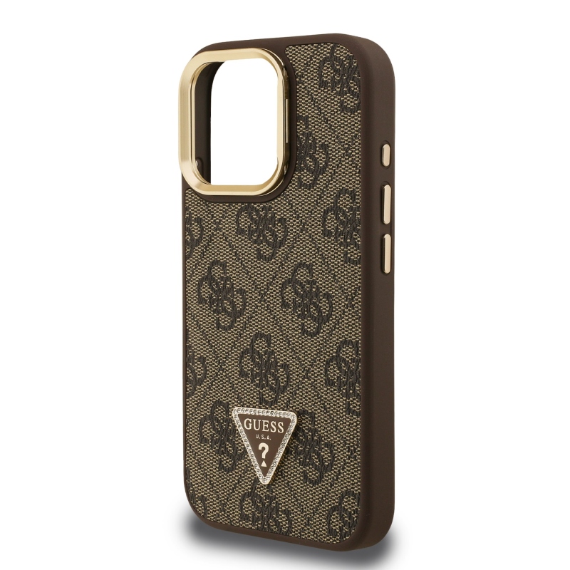 Guess PU 4G Strass Triangle Logo Stand Camera Frame MagSafe Zadní Kryt pro iPhone 16 Pro Brown