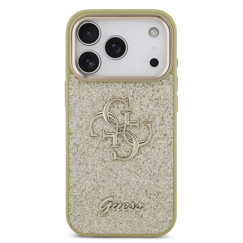 Guess PU Fixed Glitter 4G Metal Frame Zadní Kryt pro iPhone 17 Pro Gold