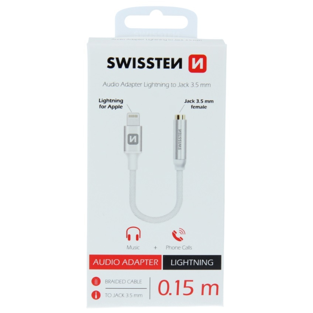 Audio redukce Swissten textile Lightning /JACK(samice) 0,15 m - stříbrná